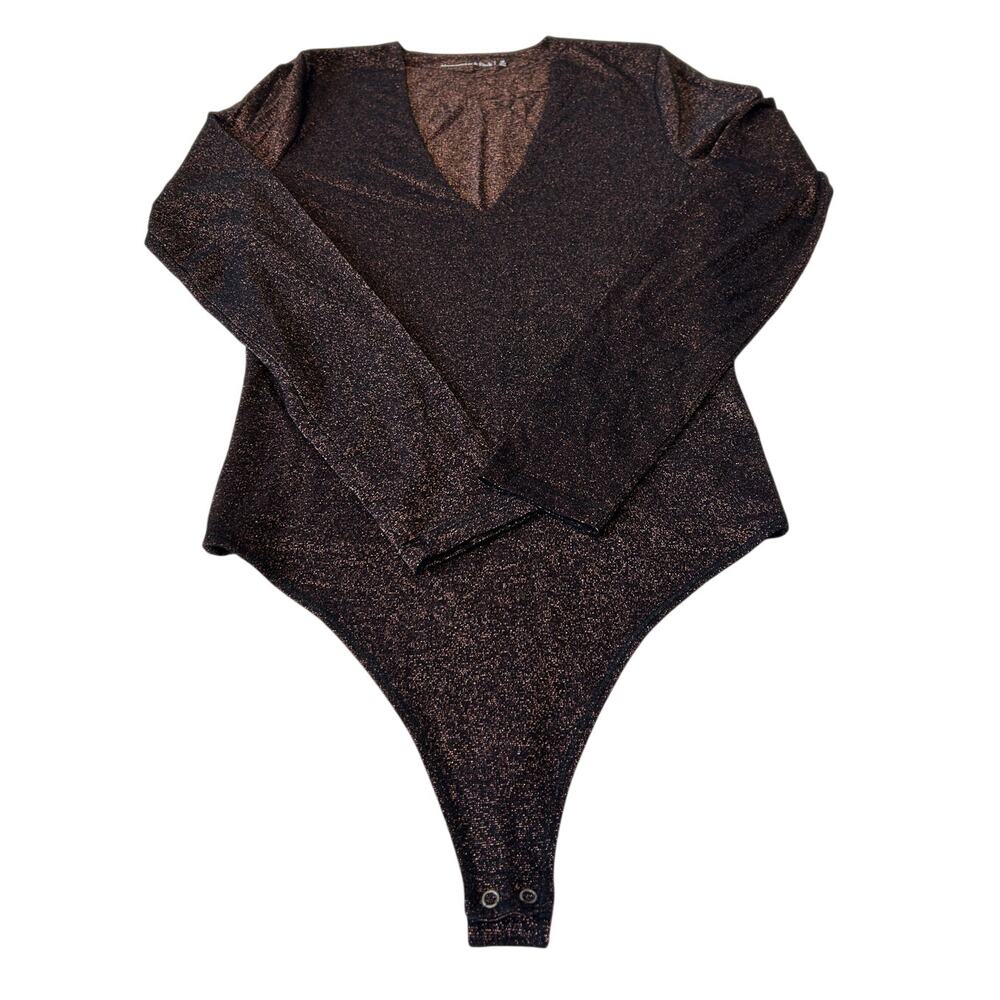 Abercrombie & Fitch Women's Bodysuit Sz M Black Gold Shimmer V Neck Long Sleeve